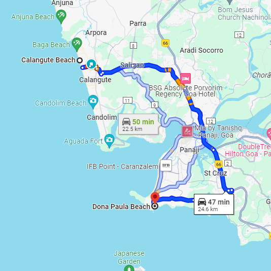 Calangute to Dona Paula Route Calangute to Dona Paula Route