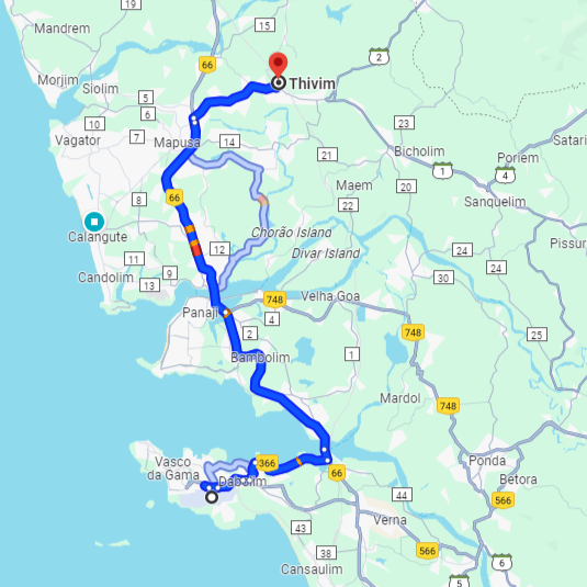 Dabolim Airport to Thivim Route Dabolim Airport to Thivim Route