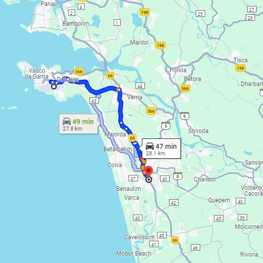 Dabolim Airport to Navelim Route Dabolim Airport to Navelim Route