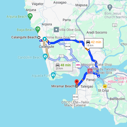 Calangute to Miramar Route Calangute to Miramar Route