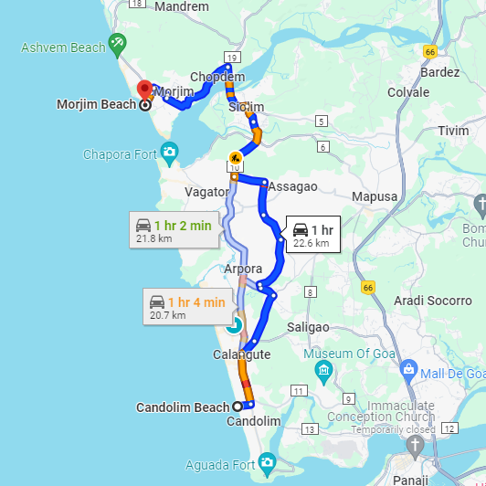 Candolim to Morjim Route Candolim to Morjim Route