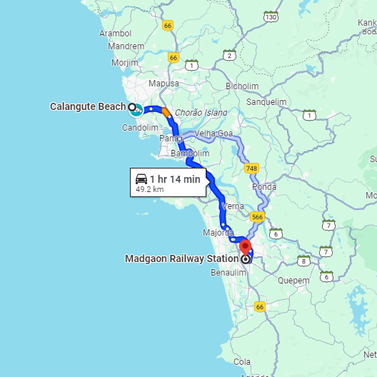Calangute to Madgaon Route Calangute to Madgaon Route