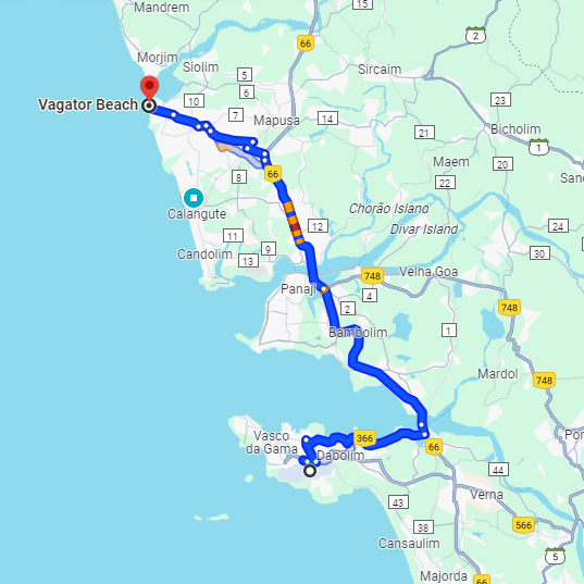 Dabolim Airport to Vagator Route Dabolim Airport to Vagator Route