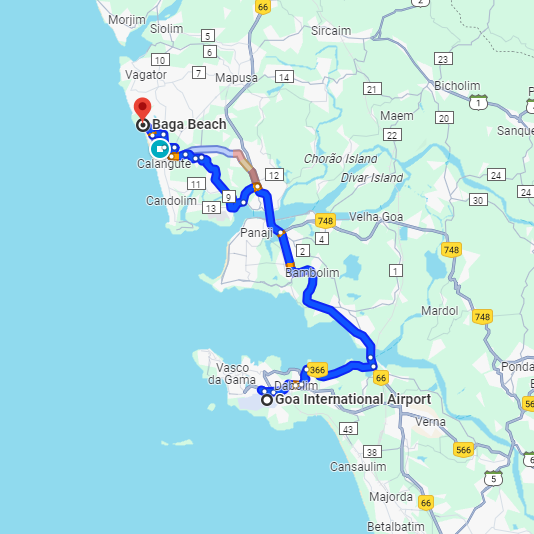 Dabolim Airport to Baga Route Dabolim Airport to Baga Route
