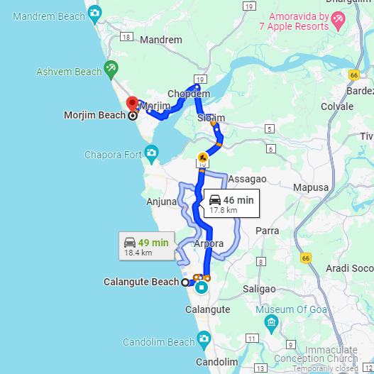 Calangute to Morjim Route Calangute to Morjim Route