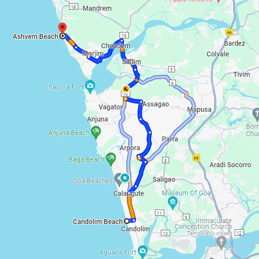 Candolim to Ashvem Route Candolim to Ashvem Route