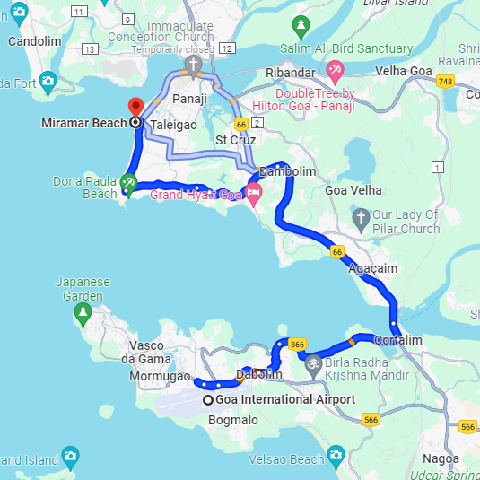 Dabolim Airport to Miramar Route Dabolim Airport to Miramar Route