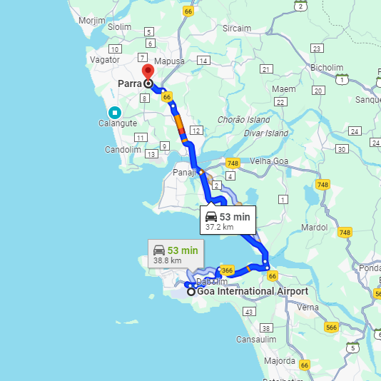 Dabolim Airport to Parra Route Dabolim Airport to Parra Route