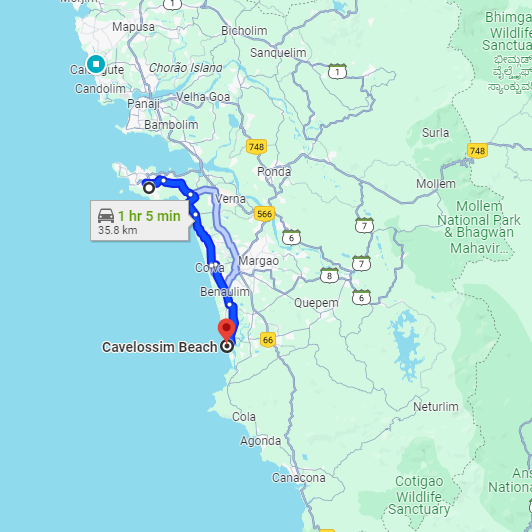 Dabolim Airport to Cavelossim Route Dabolim Airport to Cavelossim Route