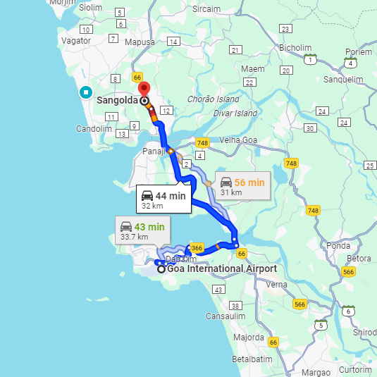 Dabolim Airport to Sangolda Route Dabolim Airport to Sangolda Route
